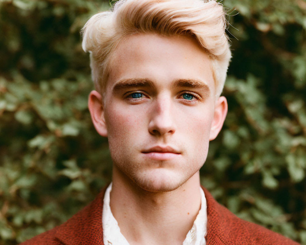 Portrait of young man with blond hair and blue eyes in white shirt and rust-colored jacket on green leaf