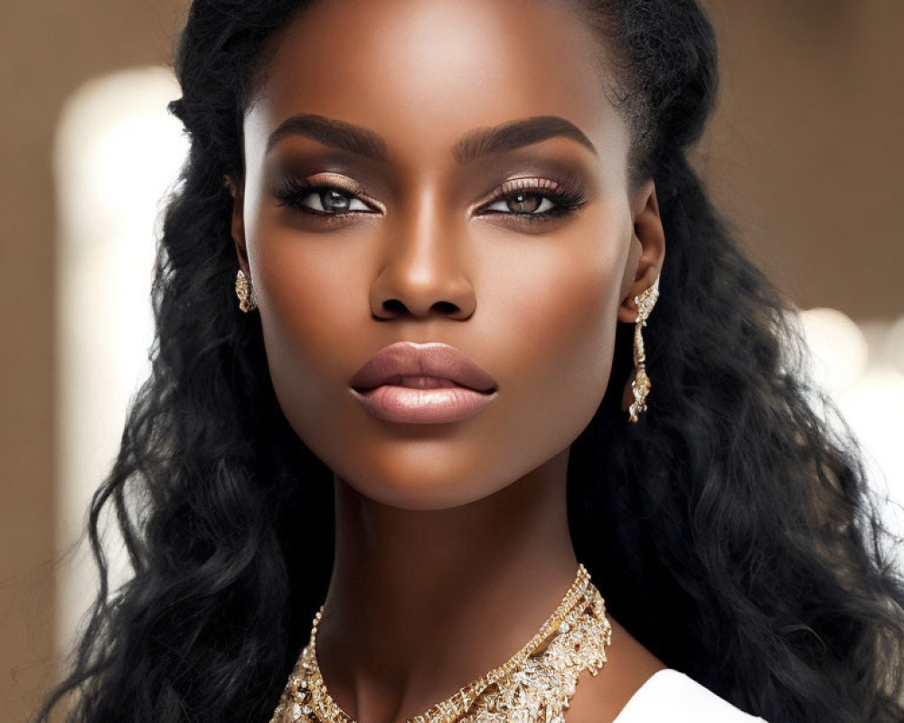 Dark-skinned woman with striking makeup, long wavy hair, and gold jewelry
