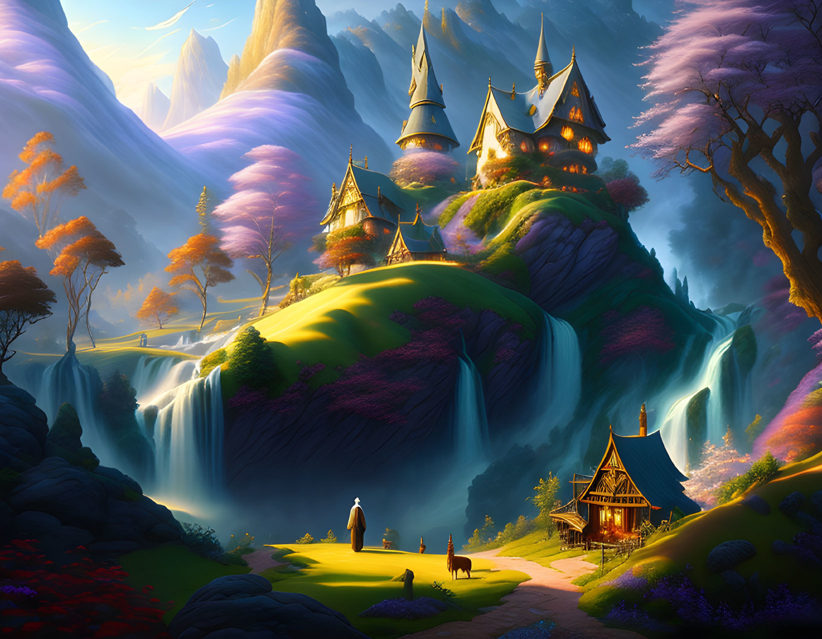 Fantasy landscape with waterfalls, castle, cottage, and twilight scene