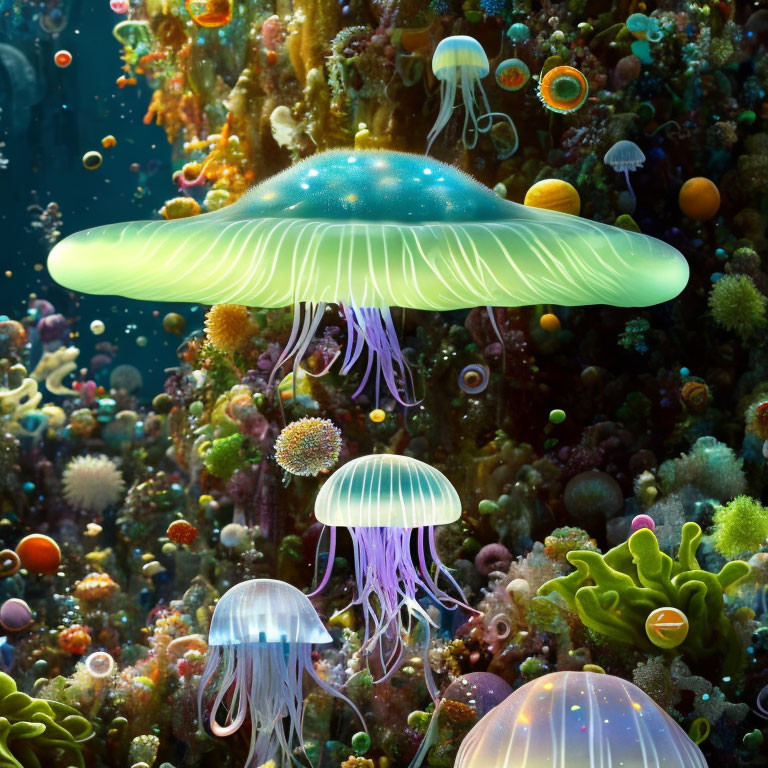 Colorful Underwater Scene: Luminous Jellyfish and Coral Reefs