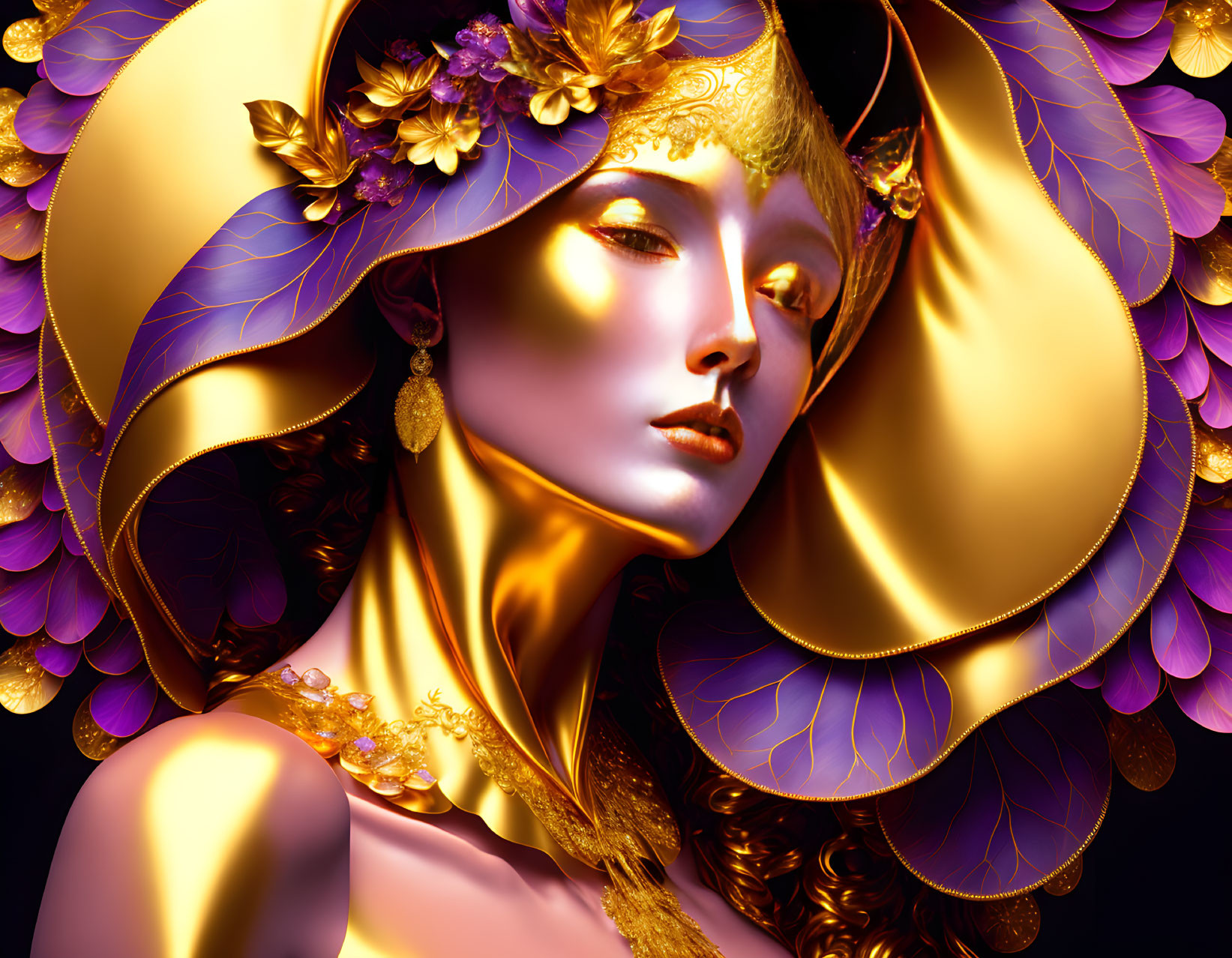 Digital artwork of woman in golden attire with floral details on dark background