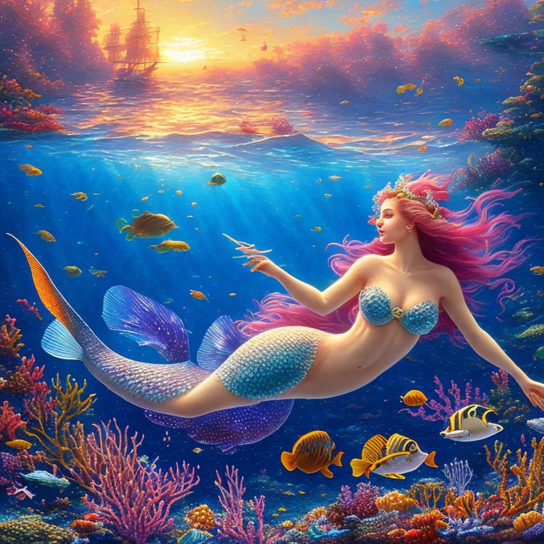 Colorful Mermaid Artwork Swimming by Coral Reef at Sunset