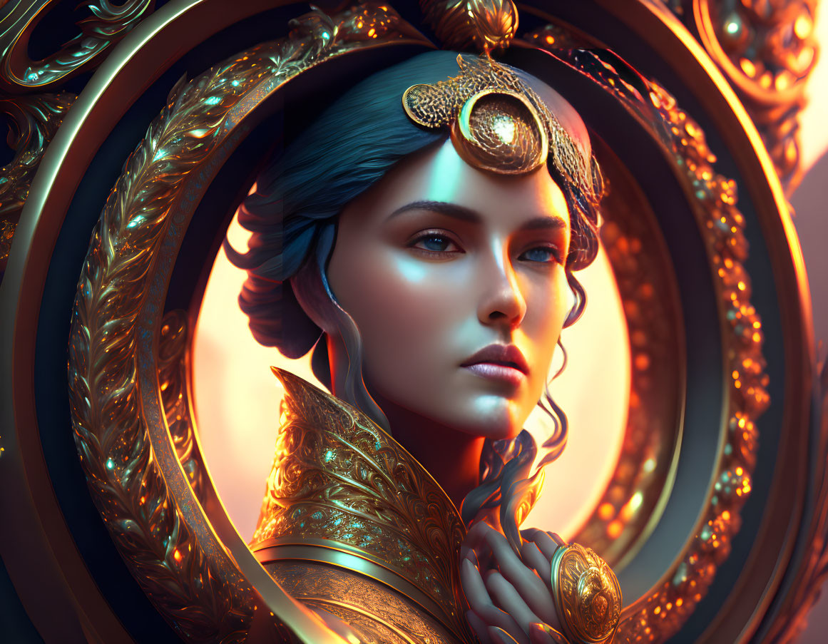 Digital art portrait of woman with blue hair in gold ornamental attire framed by circular design