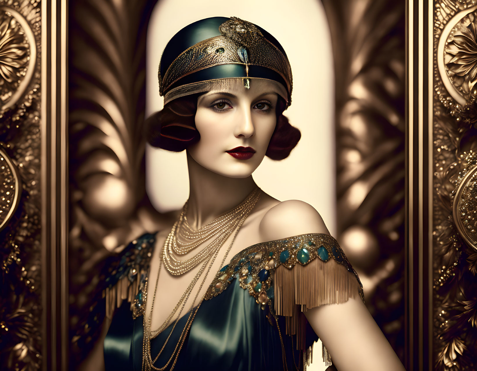 1920s flapper woman in elegant attire with bob haircut and beaded headband