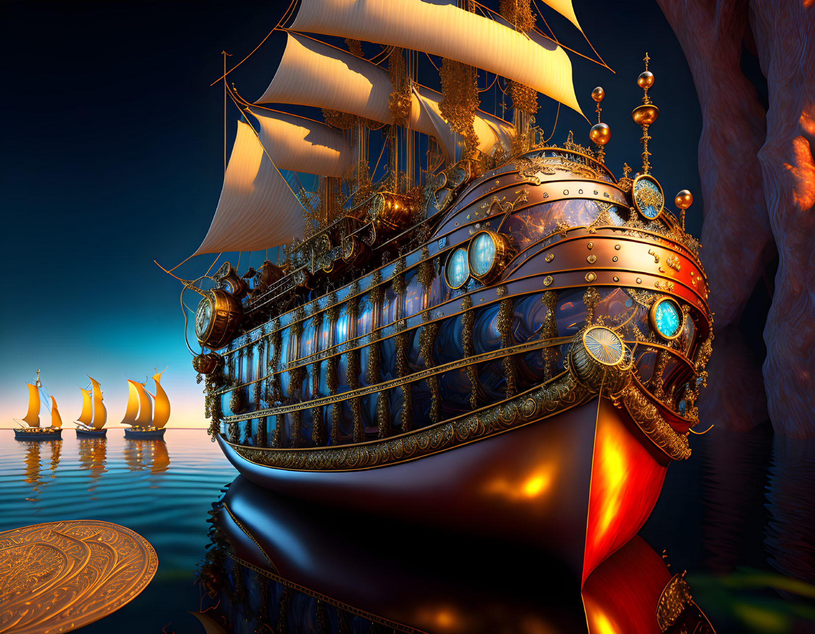 Golden ornate galleon sailing on tranquil waters at sunset with rock formations.