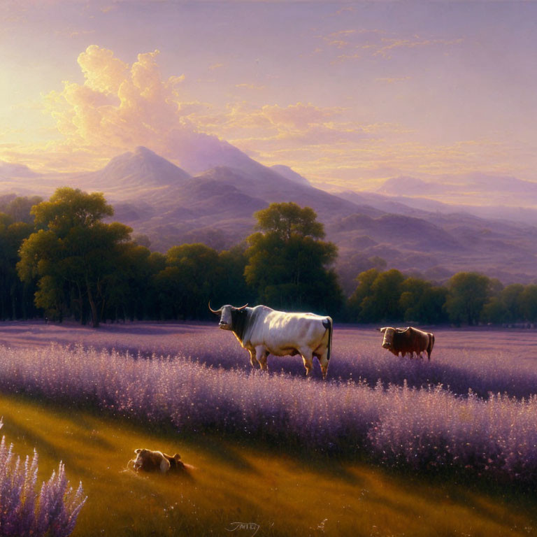 Serene lavender field with grazing cows and majestic mountains
