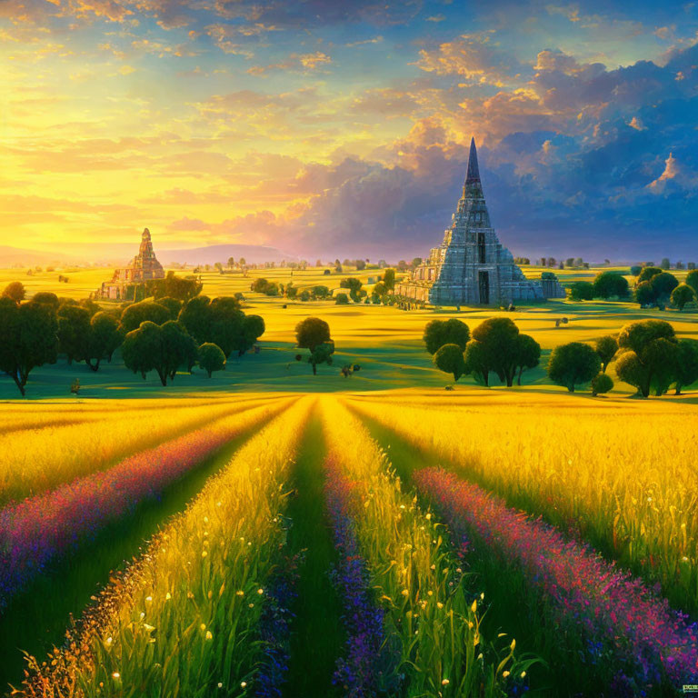 Colorful Flower Field Sunset with Ancient Temple and Dramatic Sky