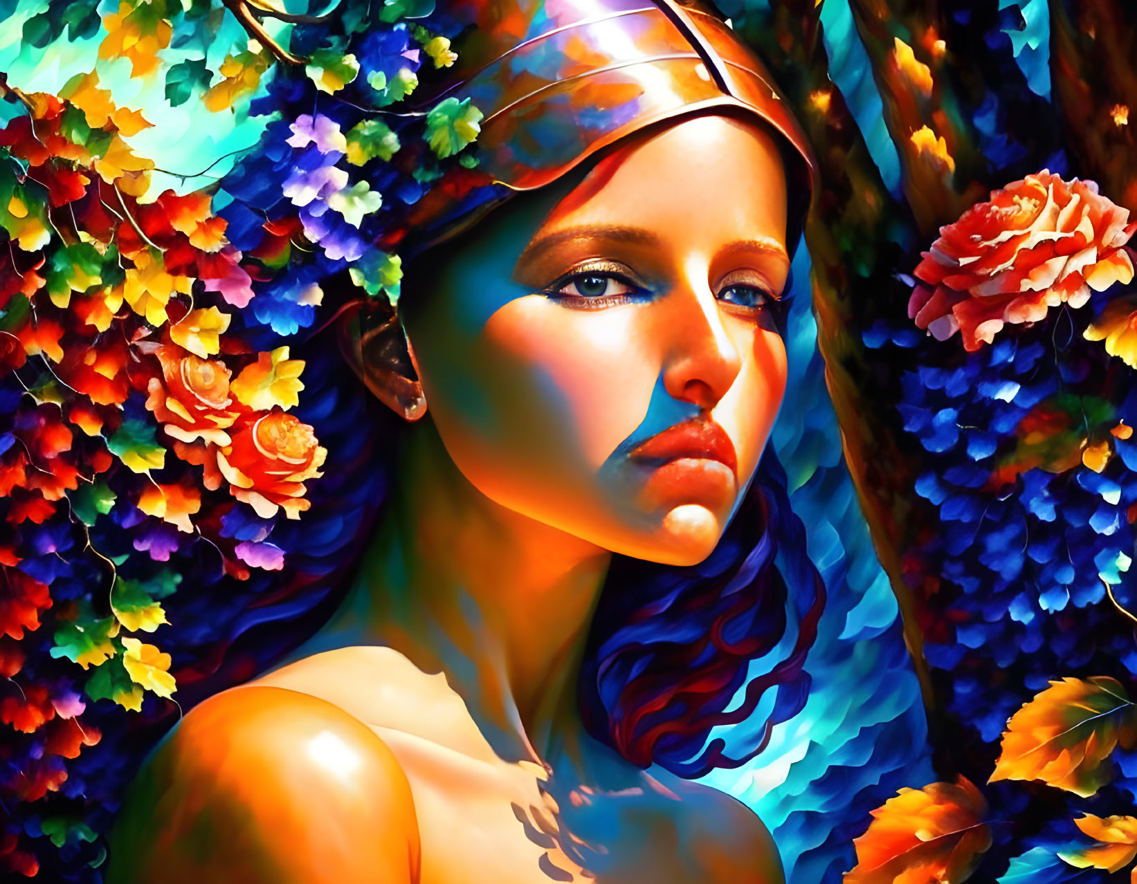 Colorful portrait of woman with flowers and dramatic lighting
