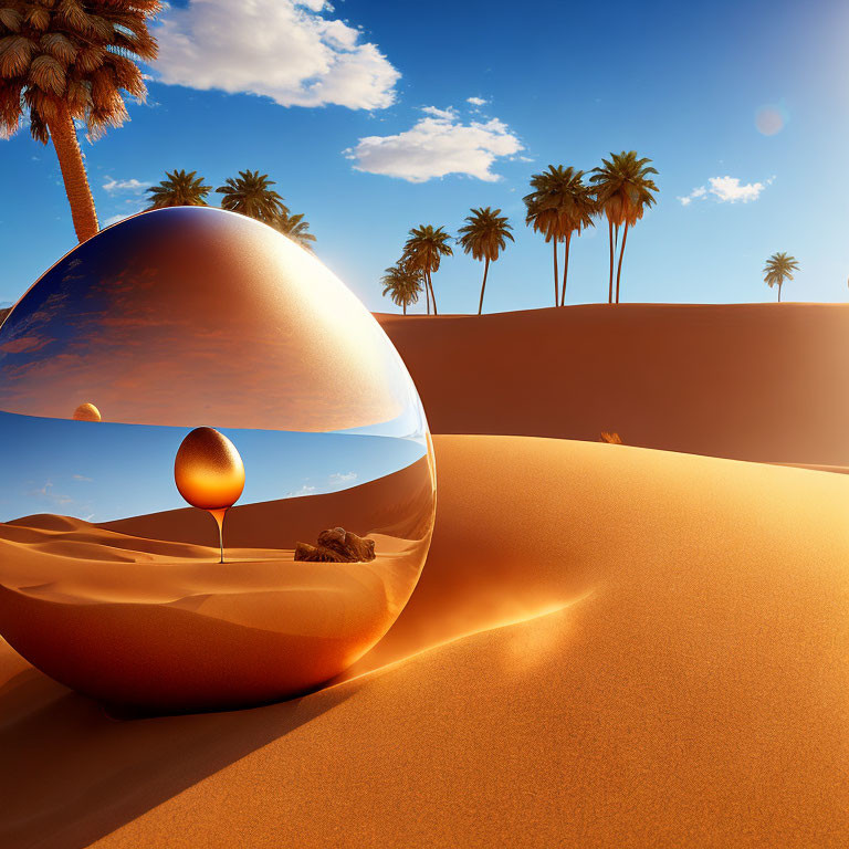 Reflective sphere in desert with palm trees and sun flare