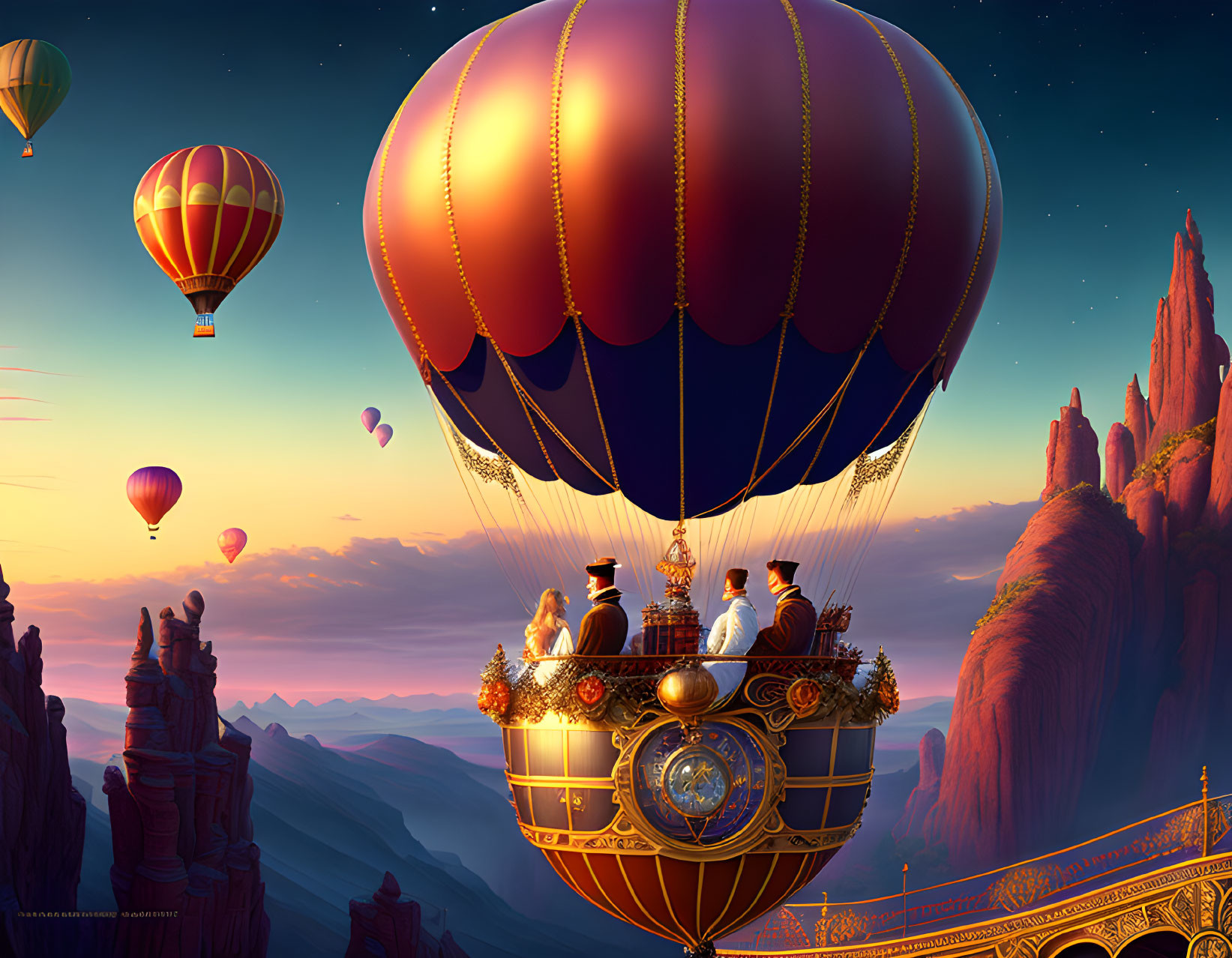 Ornate hot air balloons over canyon at sunrise
