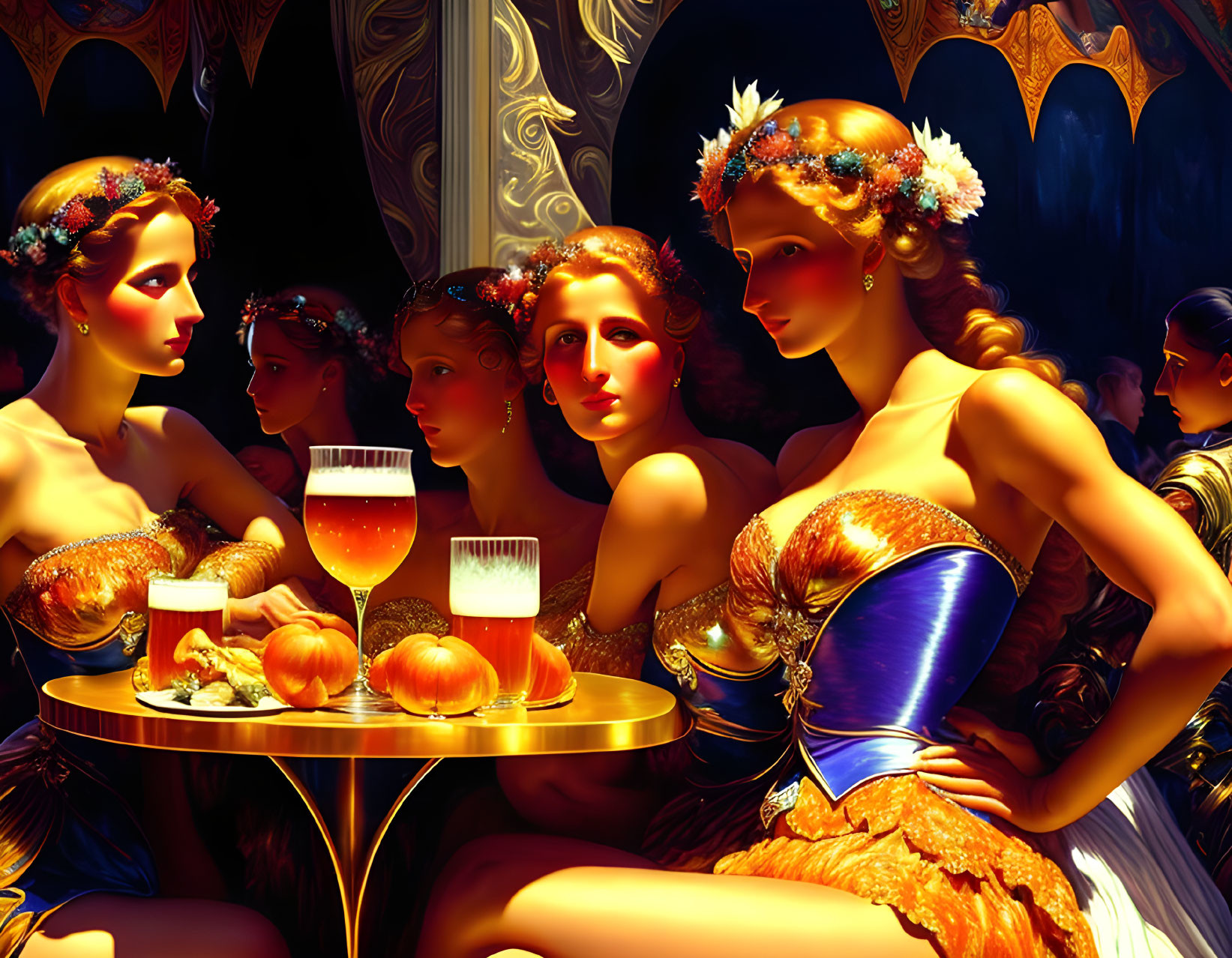 Four women in vintage dresses with flowers, sitting at a golden-lit table.