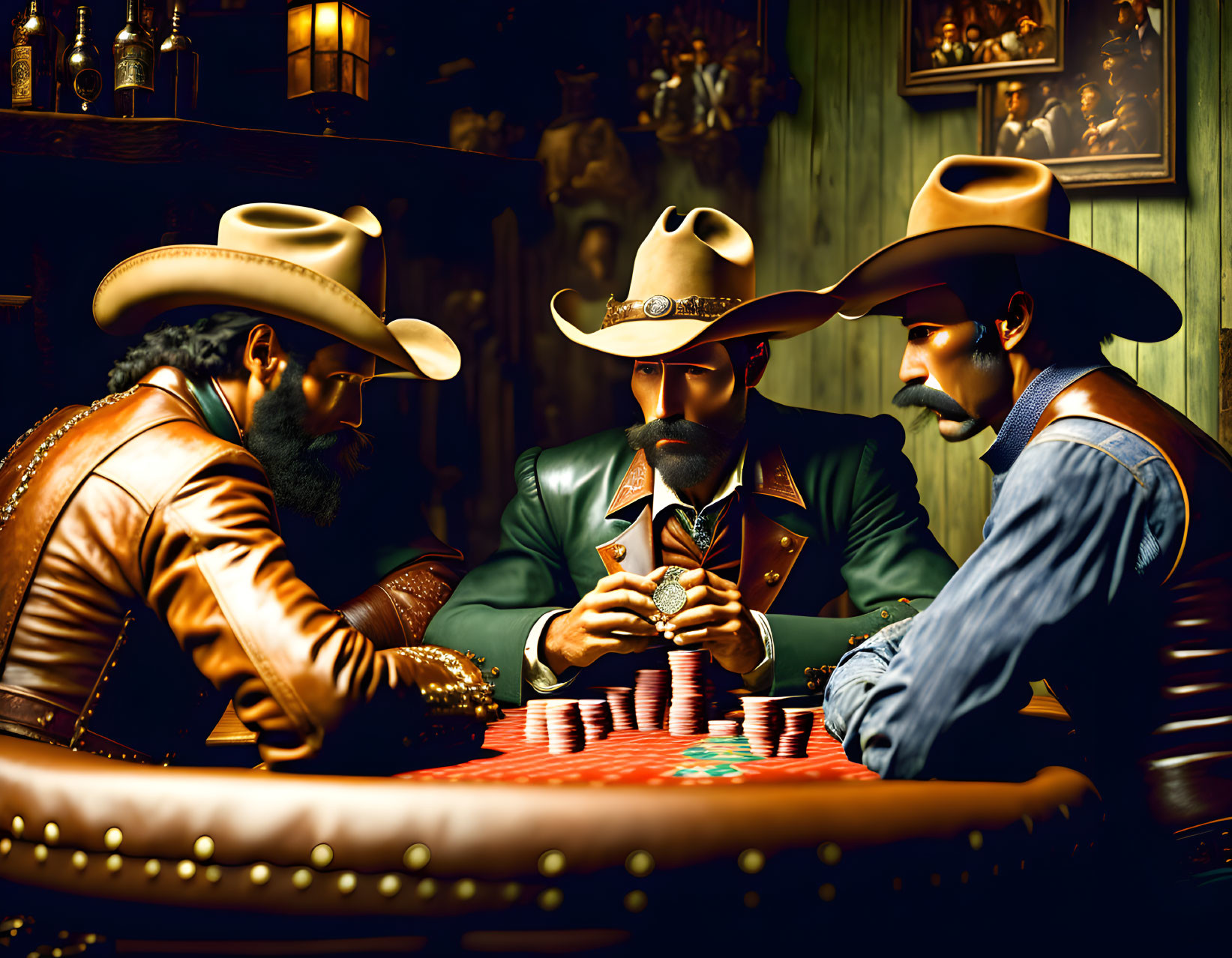 Cowboys playing poker in dimly lit saloon scene.