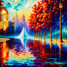 Fantasy landscape with waterfall, building, and street lamps at sunset