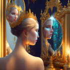 Regal woman with golden crown and mirror reflection in ornate setting