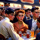 Vibrant vintage bus scene with diverse people in hats and polka-dot attire