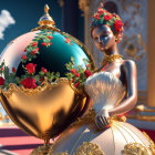 Regal woman in historic gown with golden perfume bottle in 3D-rendered image