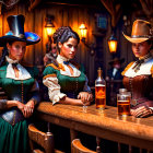Three women in Victorian-era attire with top hats and bonnets standing at a bar with a bottle and
