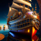 Golden ornate galleon sailing on tranquil waters at sunset with rock formations.