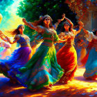 Colorful Traditional Dance Performance in Ethereal Forest Setting