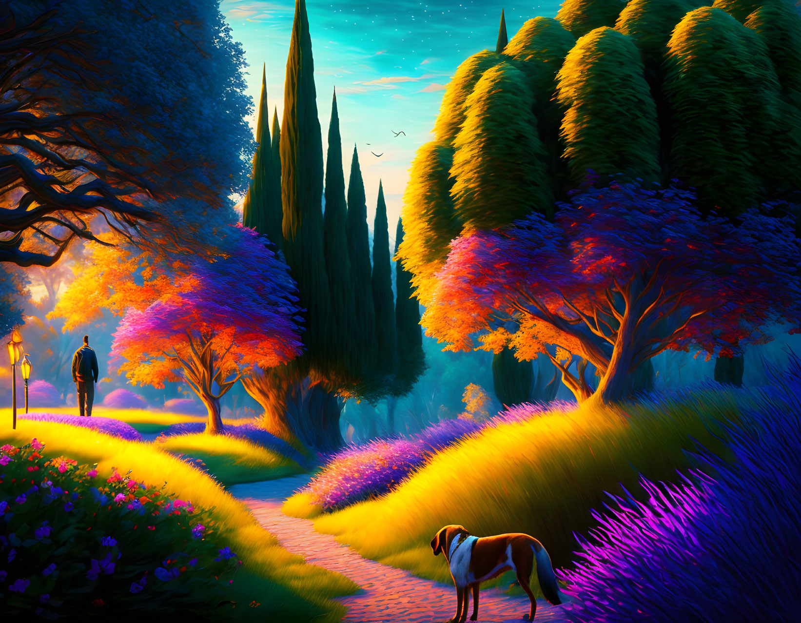 Colorful Landscape with Silhouetted Figures, Dog, Trees, and Sunset Sky