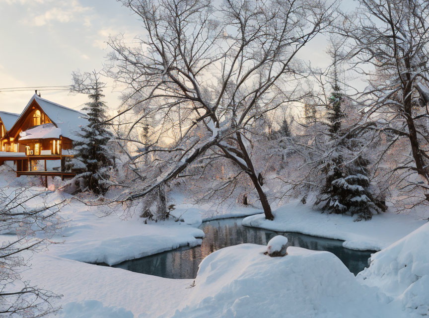 Snow-covered trees and cozy house by tranquil river at sunset