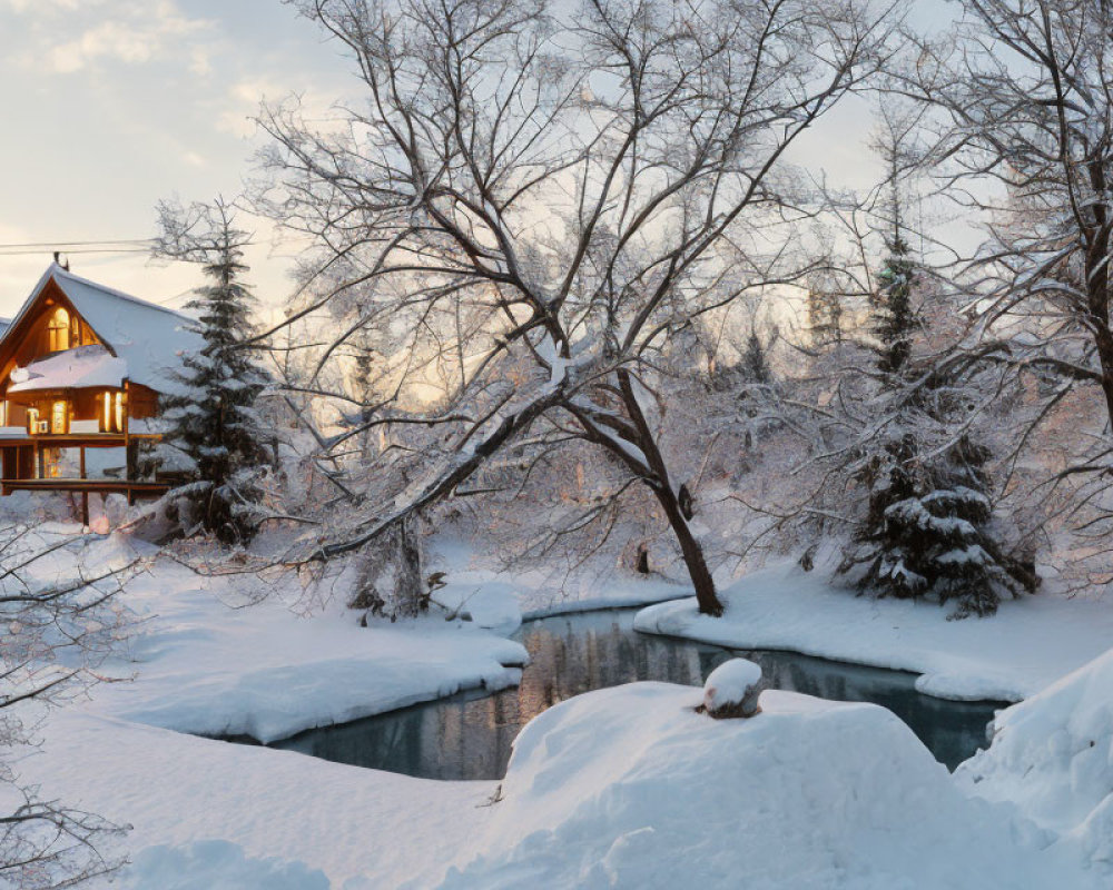 Snow-covered trees and cozy house by tranquil river at sunset