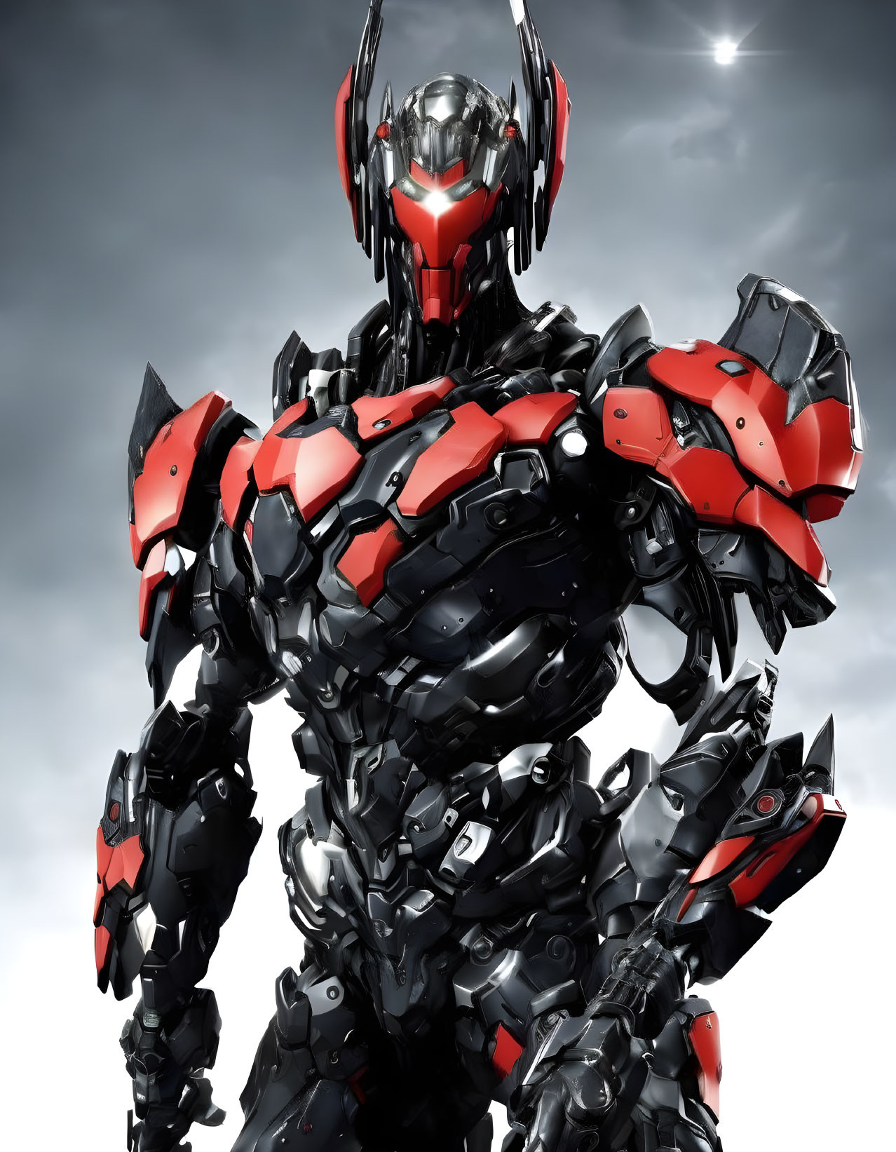 Futuristic red and black armored robot on cloudy sky backdrop