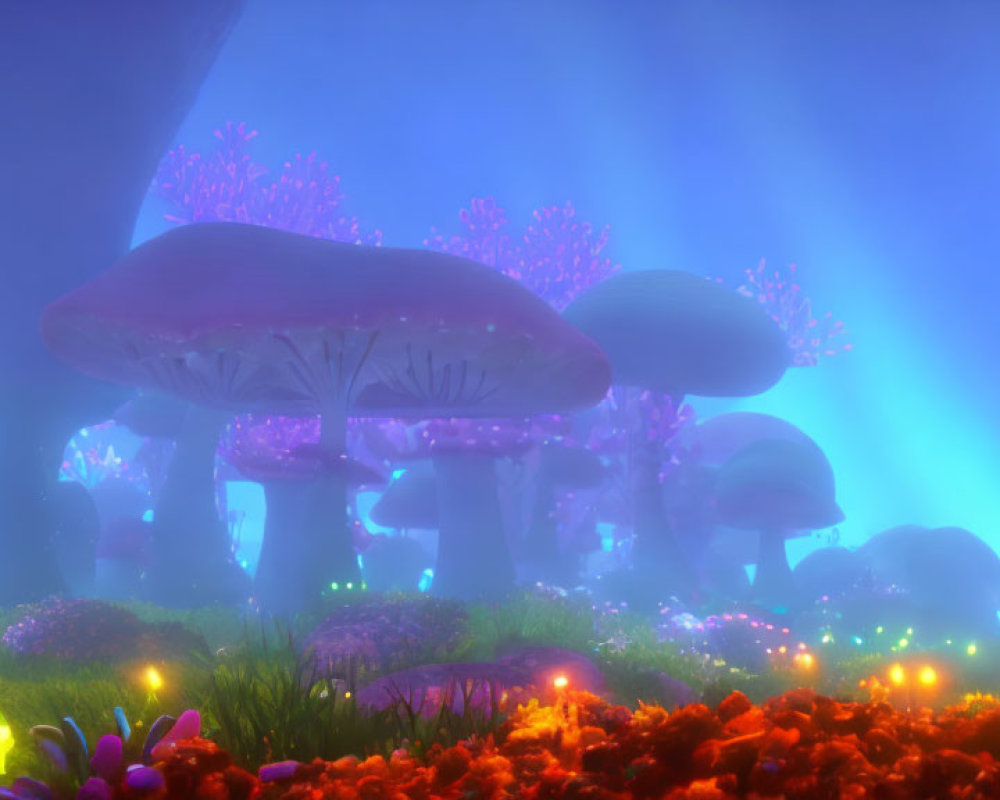 Mystical forest at dusk with oversized glowing mushrooms and purple-blue plants