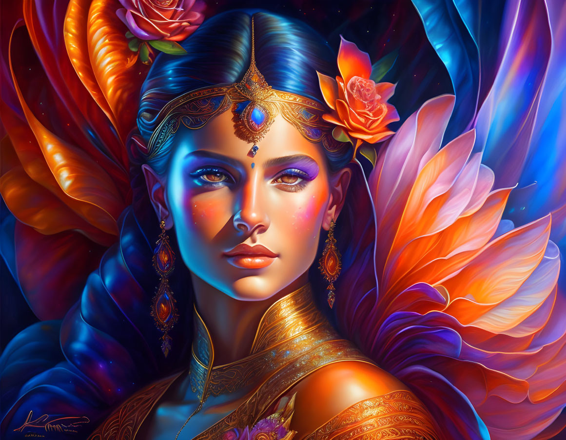 Colorful digital artwork: Woman with blue eyes, gold jewelry, and floral motifs against swirling patterns