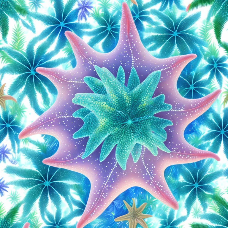 Colorful fractal pattern with star-like shapes on a tropical leaf background