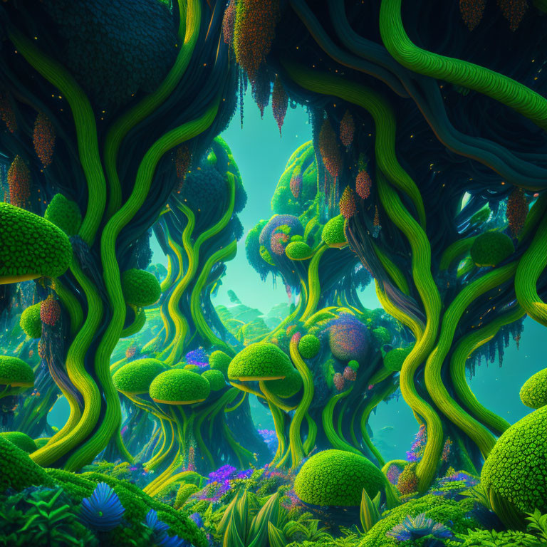 Mystical alien landscape with vibrant green trees and luminous plants