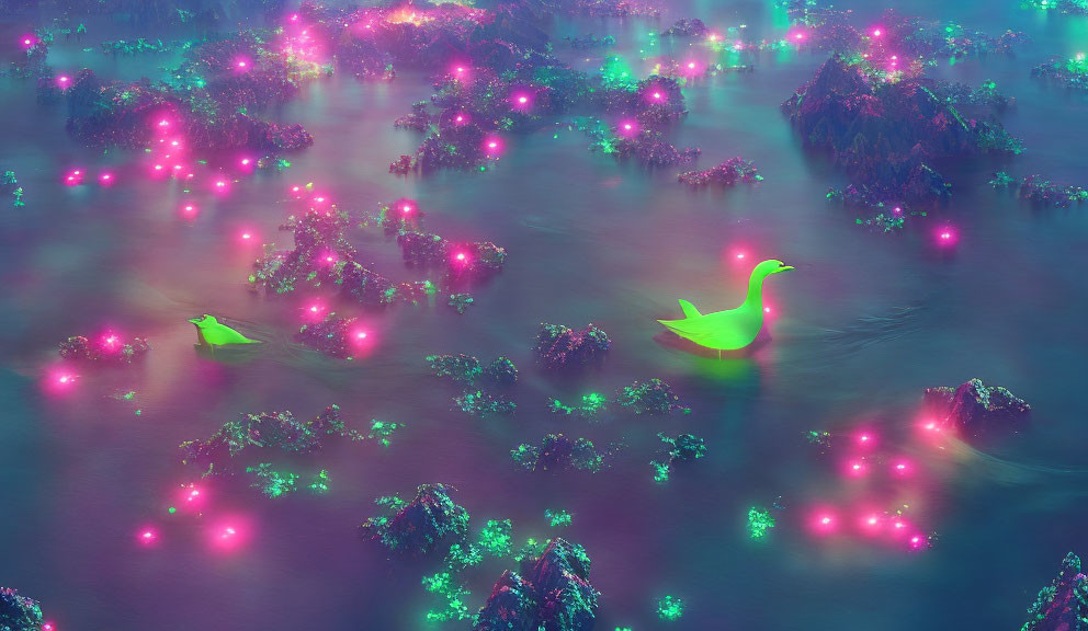 Surreal landscape with neon lights, origami swans on foggy water.