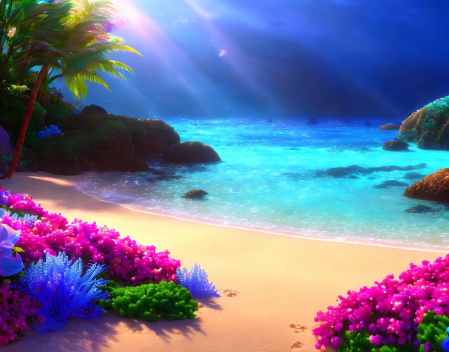 Tranquil beach scene with vibrant flowers and clear water