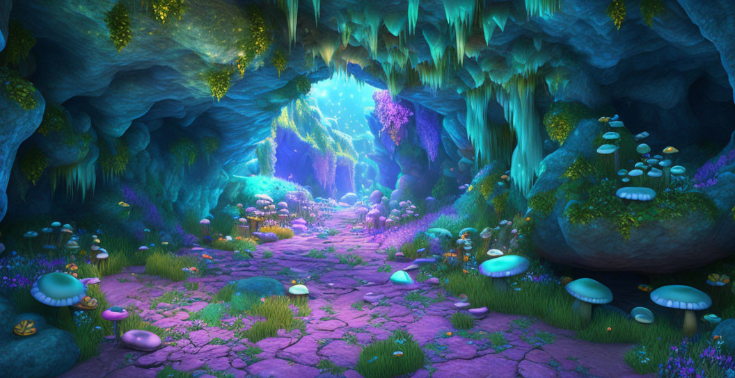 Vibrant Blue and Purple Illuminated Cave with Glowing Mushrooms