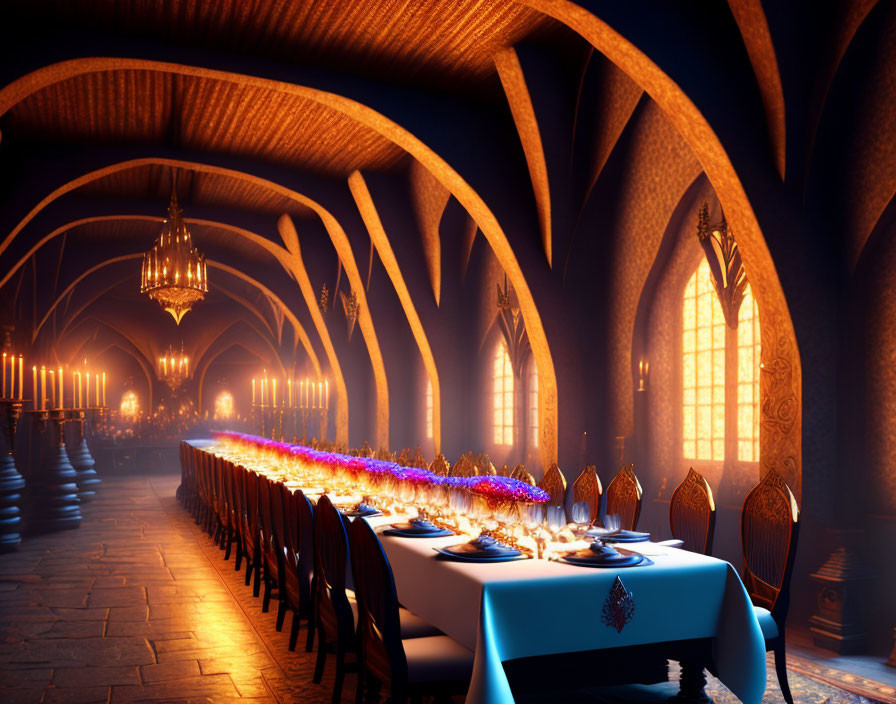 Medieval-style banquet hall with long feast table and warm lighting
