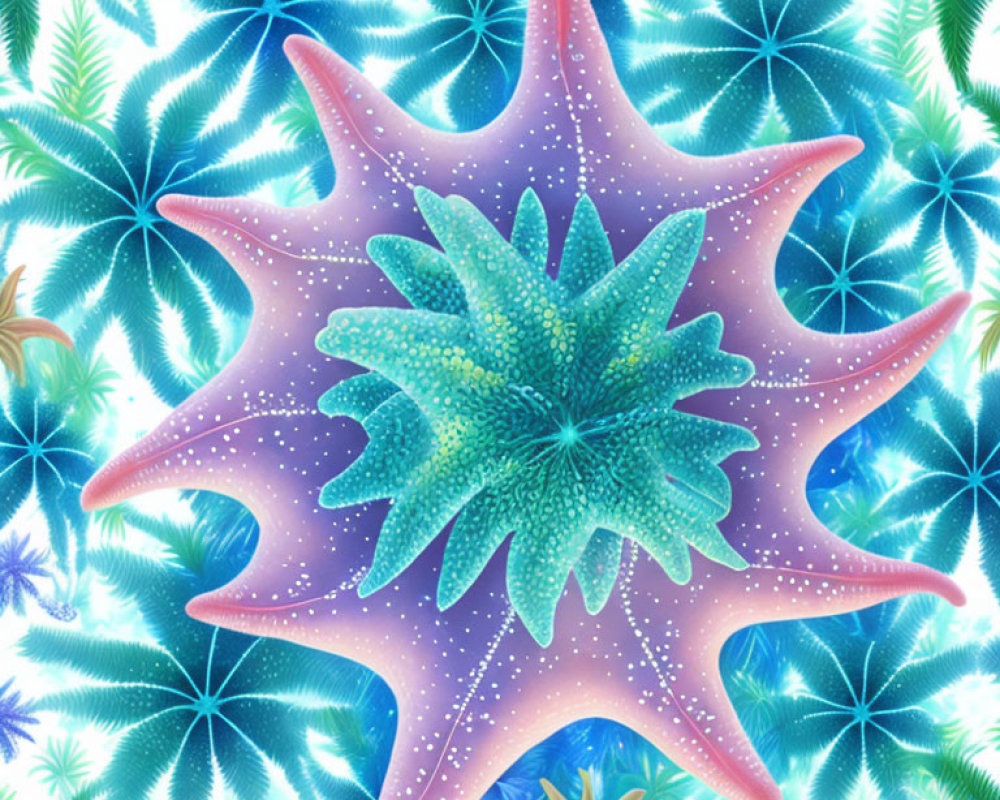 Colorful fractal pattern with star-like shapes on a tropical leaf background