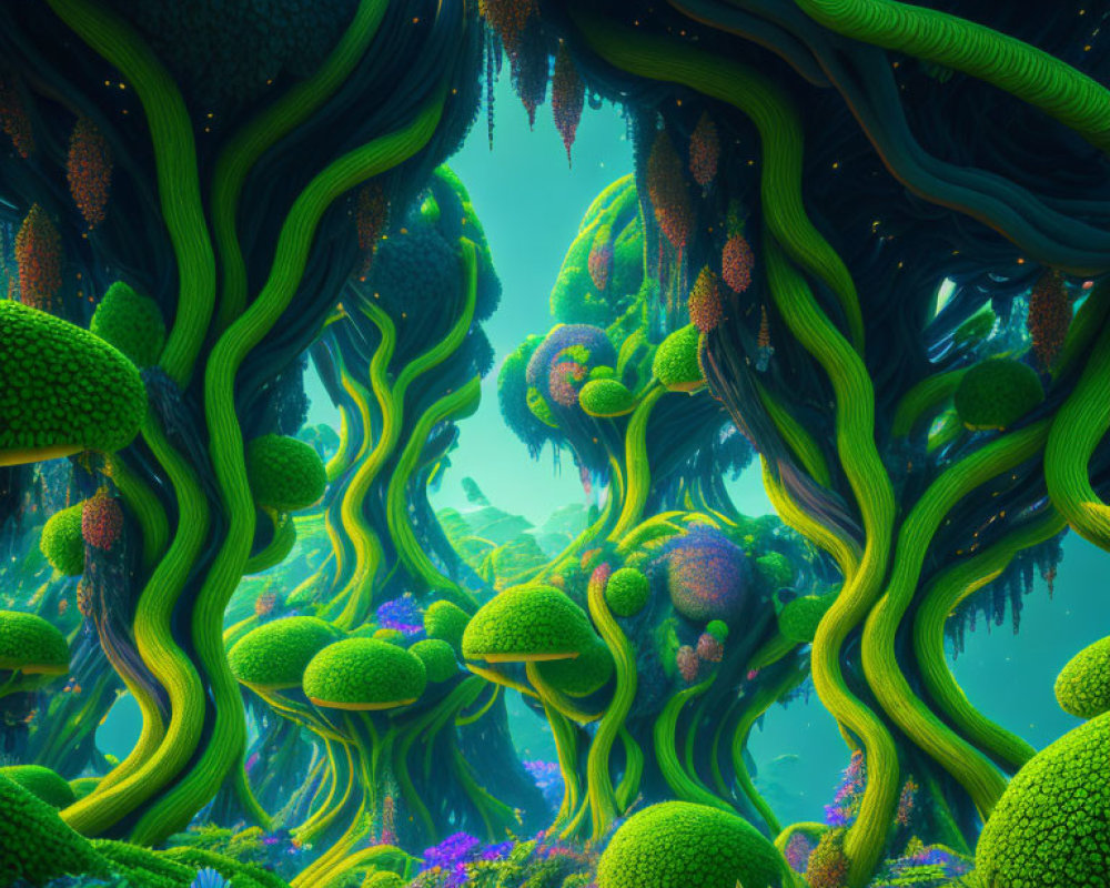 Mystical alien landscape with vibrant green trees and luminous plants