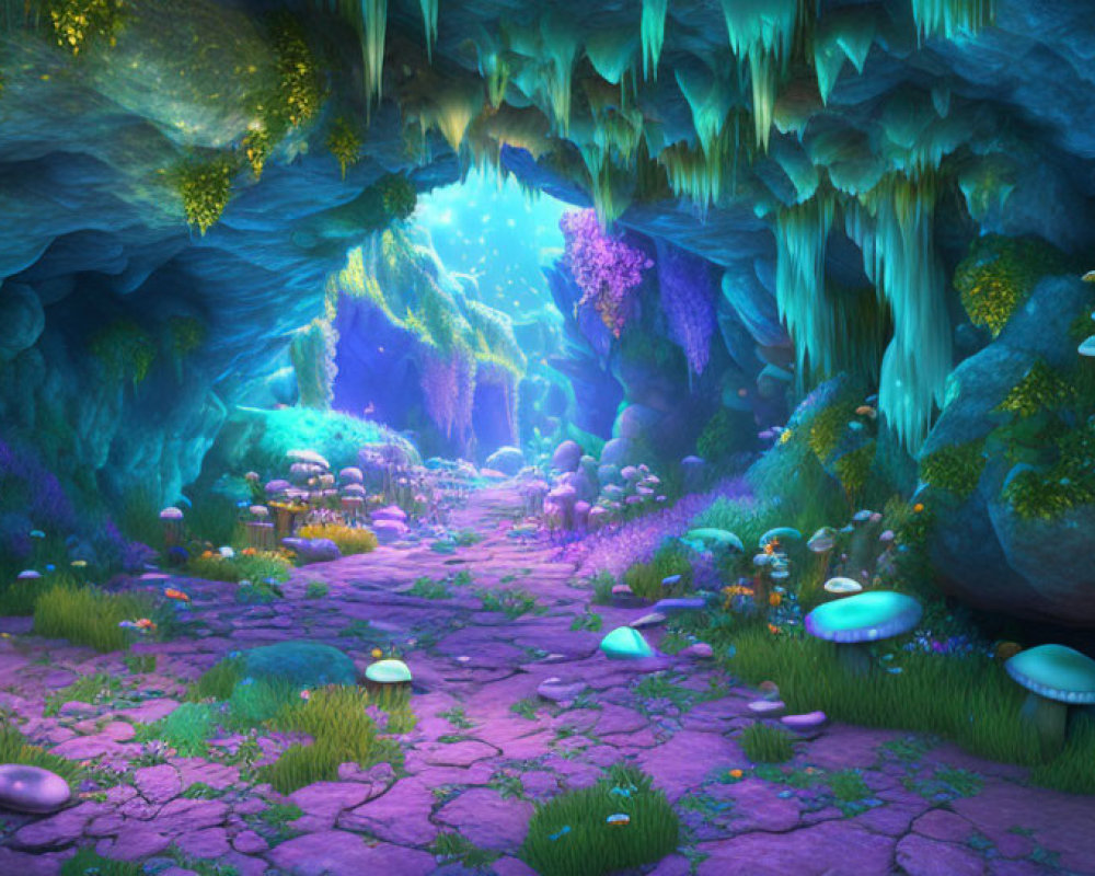 Vibrant Blue and Purple Illuminated Cave with Glowing Mushrooms