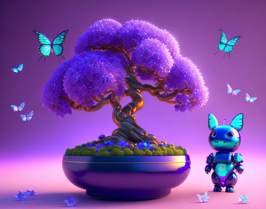 Colorful digital artwork: vibrant bonsai tree, purple foliage, blue butterflies, cute robotic character
