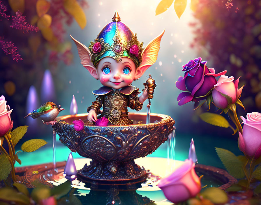 Regal elf in enchanted forest with fountain, roses, and bird