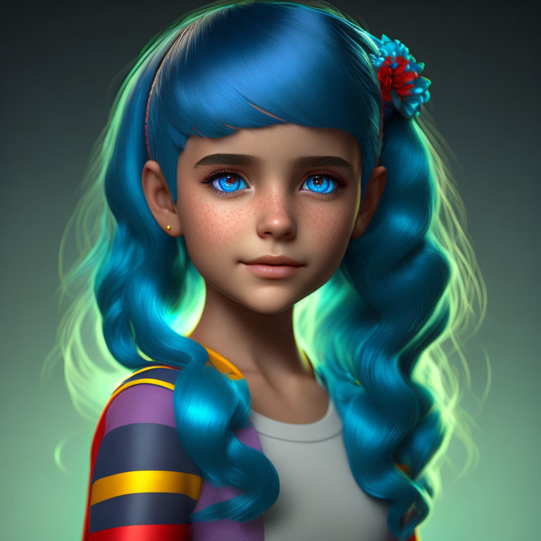 Vibrant blue-haired girl with freckles in multicolored striped shirt