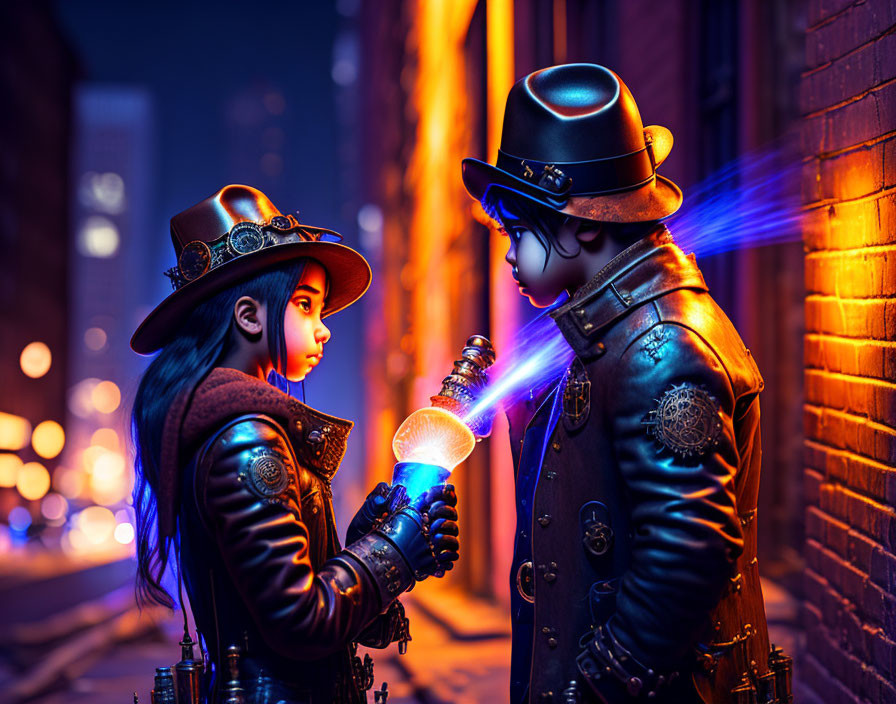 Futuristic steampunk duo with glowing blue device in neon-lit alleyway