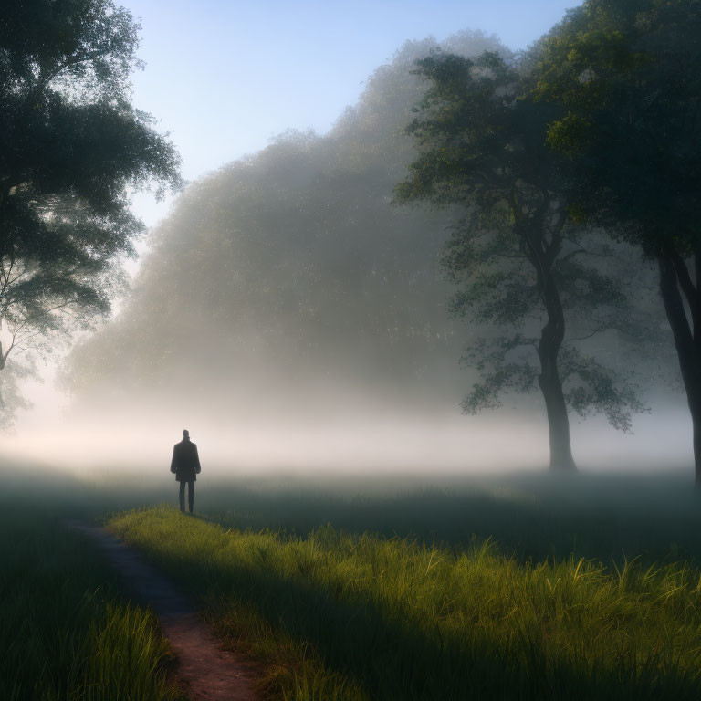 Misty meadow scene with lone figure and towering trees