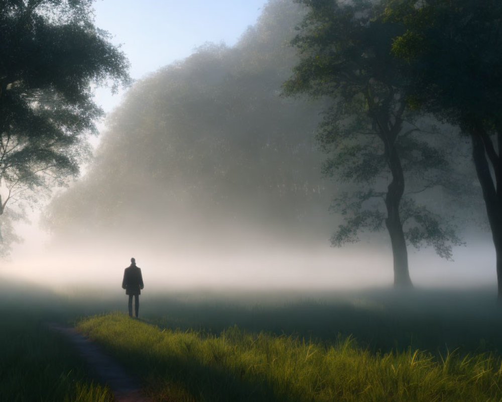 Misty meadow scene with lone figure and towering trees