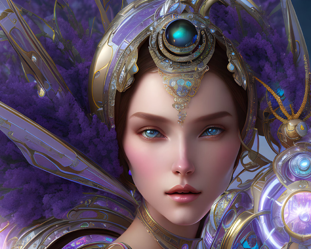 Futuristic digital artwork of a woman in intricate purple armor