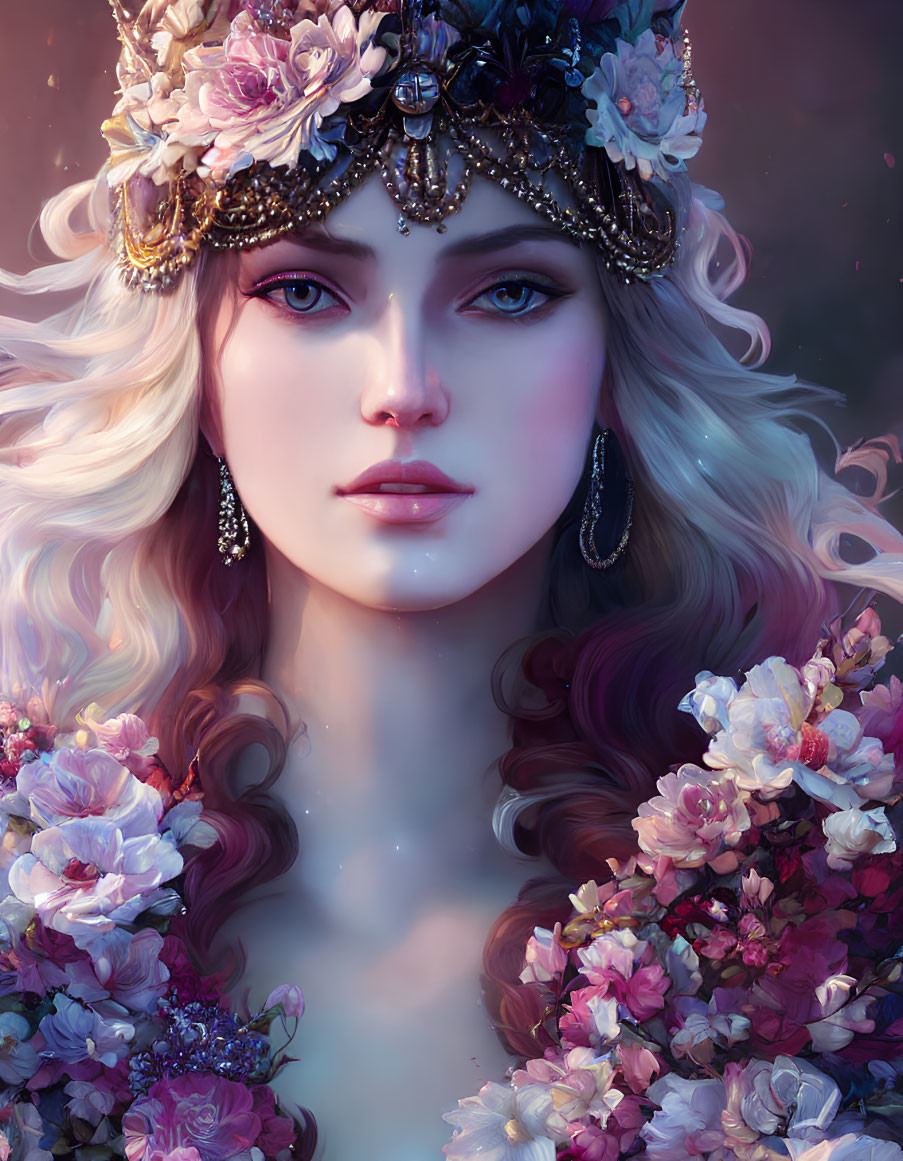 Digital portrait of woman with wavy hair and floral crown, blue eyes, surrounded by pink and white