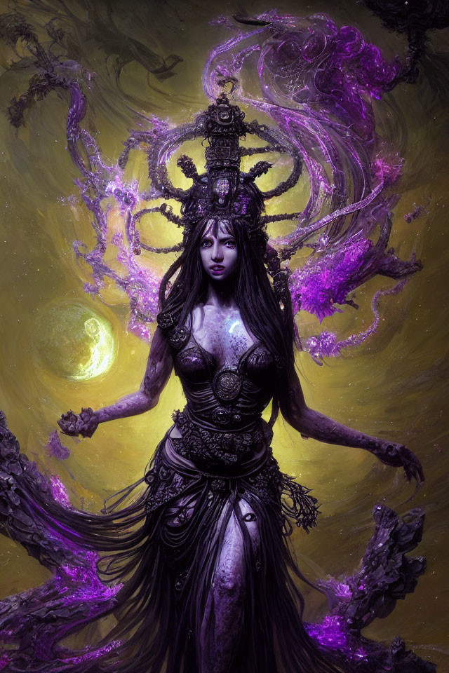 Ethereal woman with elaborate headgear in moonlit setting