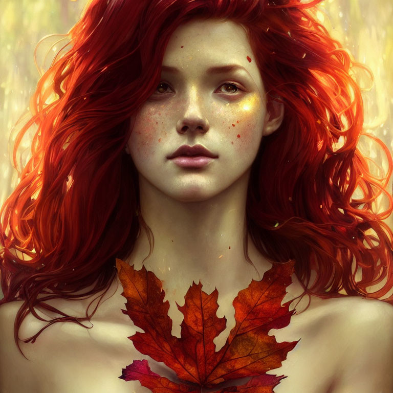 Vibrant red hair woman with freckles and maple leaf in golden light