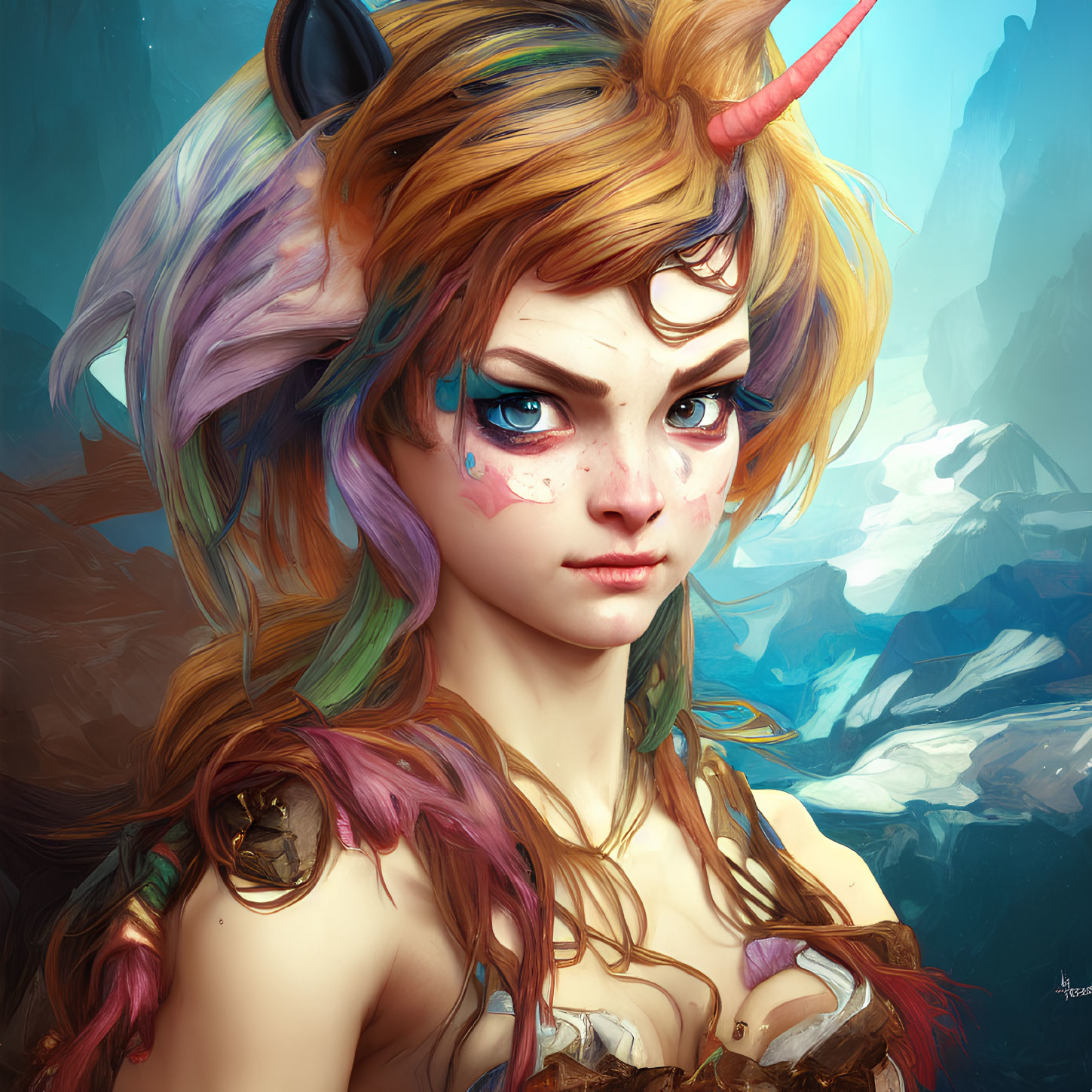 Colorful mythical female creature with horn and multicolored hair
