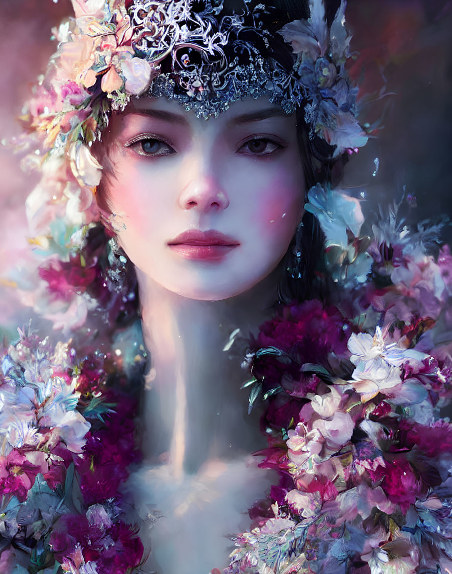 Fantasy portrait of woman with floral crown and ethereal aura